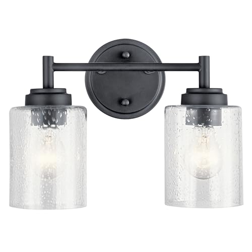 Kichler Winslow 2-Light Farmhouse Vanity Light, Black | Clear seeded glass vanity light with industrial styling (12.75" x 9.25" x 6.5"), 45885BK - color: Black, size: 13"