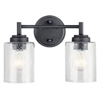 Kichler Winslow 2-Light Farmhouse Vanity Light, Black | Clear seeded glass vanity light with industrial styling (12.75" x 9.25" x 6.5"), 45885BK - color: Black, size: 13"