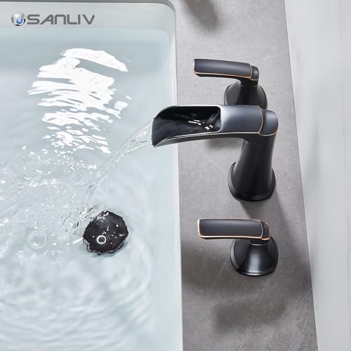Oil Rubbed Bronze Waterfall Bathroom Faucet, Sanliv 3-Piece Widespread Bathroom Sink Faucets, 2-Handle Bronze Vanity Faucet for 3-Hole Sinks 4-8 Inch with Pop-Up Drain (ORB) - color: Oil Rubbed Bronze