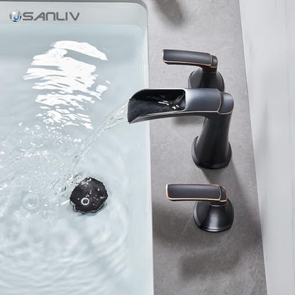 Oil Rubbed Bronze Waterfall Bathroom Faucet, Sanliv 3-Piece Widespread Bathroom Sink Faucets, 2-Handle Bronze Vanity Faucet for 3-Hole Sinks 4-8 Inch with Pop-Up Drain (ORB) - color: Oil Rubbed Bronze