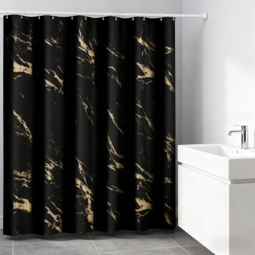 Black and Gold Shower Curtain 72 x 78 Inch, Extra Long Black Marble Shower Curtain, Modern Fabric Shower Curtains for Bathroom, Water Resistant Bath Curtain Set with Hooks, Black Gold Texture - color: Black, size: 72"W x 78"L (Pack of 1)