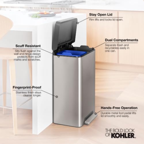 Kohler 20956-STW 11 Gallon Dual Compartment Trash Can, Quiet-Close Lid, Trash Can with Soft-Close and Foot Pedal, Stainless and White - color: White Stainless Steel, size: 11 Gallon - Dual Compartment