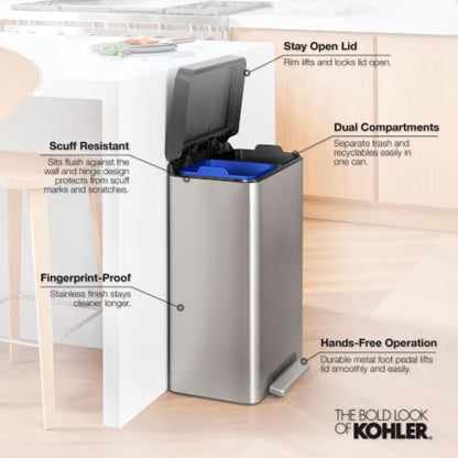 Kohler 20956-STW 11 Gallon Dual Compartment Trash Can, Quiet-Close Lid, Trash Can with Soft-Close and Foot Pedal, Stainless and White - color: White Stainless Steel, size: 11 Gallon - Dual Compartment