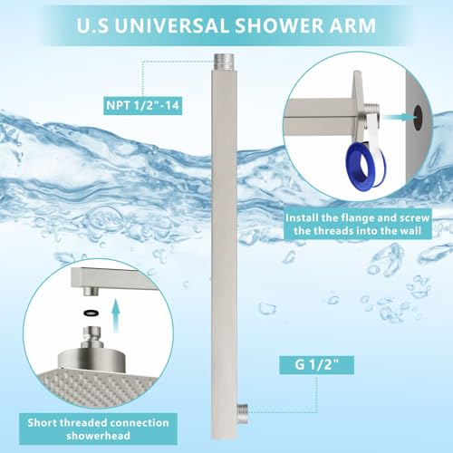 Shower Arm with Flange, 16 Inches Wall Mount Square Straight Extension Arm, Replacement of Fixed Rain Shower Head Pipe, Brushed Nickel - color: Brushed Nickel