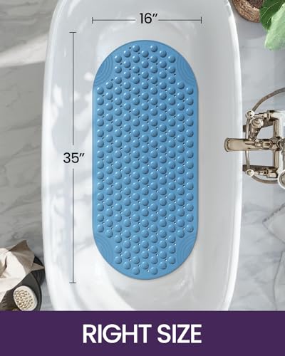 DEXI Bathtub Mat Non Slip 16x35, Shower Floor Mats for Bathroom Bath Tub | Blue Washable Oval Bathmat, Suction Cups and Drain Holes to Keep Tubs Clean - color: All Blue
