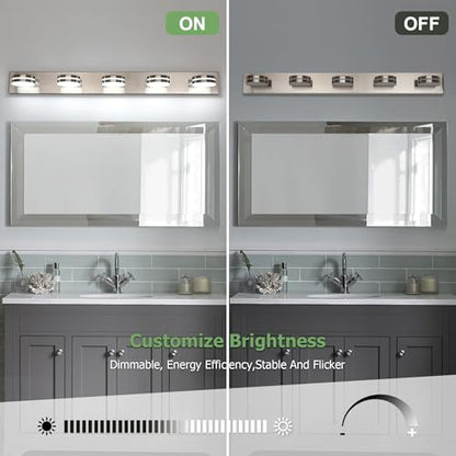 Brushed Nickel Bathroom Light Fixtures Over Mirror, 5-Light Bathroom Vanity Light, LED Dimmable Bath Lights, Modern Dimmable Vanity Lighting with Rotating Lamp Head, 5500K - color: Nickel-Dimmable