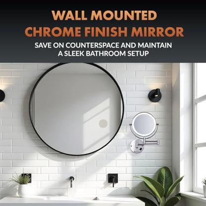 Newhouse Chrome LED Hardwired Magnifying Mirror NHMM-001-H, Lighted Makeup Mirror with Magnification, Round Arm-Mounted Mirror with Halo Light