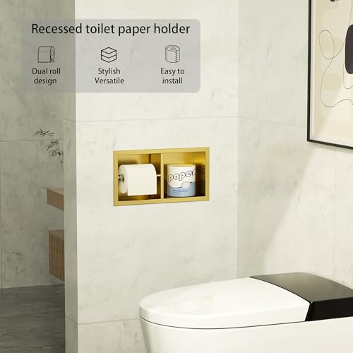 Neodrain Gold Dual Roll Recessed Toilet Paper Holder,for Standard/Mega Roll | 304 Stainless Steel, Hidden In-Wall, Simple Loading and Unloading, Space-Saving for Modern Bathrooms & RV - color: Gold