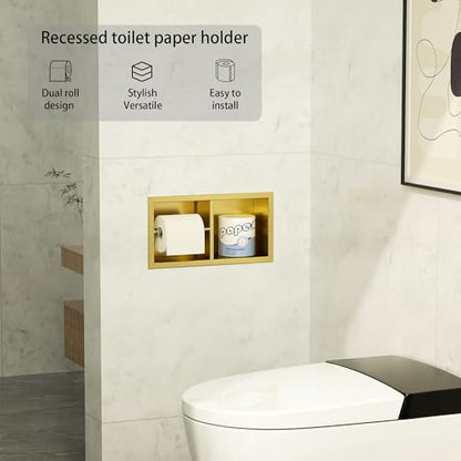 Neodrain Gold Dual Roll Recessed Toilet Paper Holder,for Standard/Mega Roll | 304 Stainless Steel, Hidden In-Wall, Simple Loading and Unloading, Space-Saving for Modern Bathrooms & RV - color: Gold