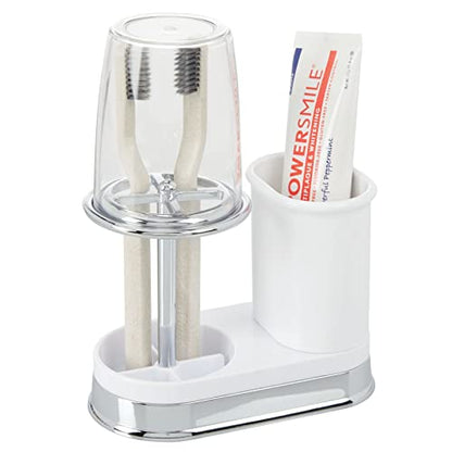 mDesign Plastic Toothpaste and Toothbrush Holder Center with Cup/Cover - Organizer for Bathroom Vanity Countertop - Holds Paste, Floss, Accessories - Hyde Collection - White/Chrome - color: White/Chrome