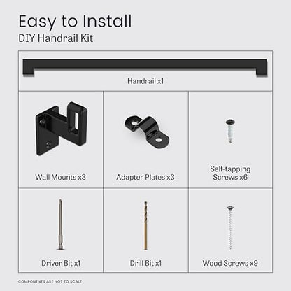 Modern Aluminum Handrail Complete DIY Kit – Matte Black with Adjustable Wall Mount Brackets Included (6' Length) - size: 6' length