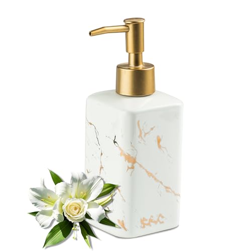 Gold Soap Dispenser for Bathroom Countertop, Square White Dish Soap Dispenser Pump Bottle with Golden Stripes for Kitchen Sink Laundry Shower Lotion, Ceramic Hand Pump for Soap Liquid - color: White