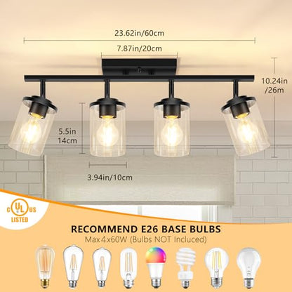 FadimiKoo 4-Lights Track Lighting Fixtures Ceiling with Clear Glass Shades, Modern Black Semi Flush Mount Ceiling Light, Rotatable Wall Mount Ceiling Lamp for Kitchen Hallway Bedroom - color: Black, size: 4-Lights