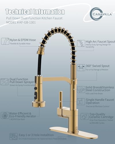 Gold Kitchen Faucet Soap Dispenser, Faucet for Kitchen Sink, Kitchen Sink Faucet with Deck Plate, RV Kitchen Faucet with Pull Down Sprayer and Dual Function Spray Head - color: C-Brushed Gold, style: Classic