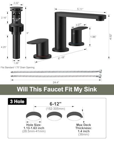 BWE 2 Pack Matte Black Bathroom Faucet 3 Hole 8 Inch Widespread | Bathroom Faucets with Pop-up Drain and Supply Lines, 360° Swivel Spout 2-Handle Bathroom Sink Faucet for Bath Vanity - color: Matte Black, 2 Pack, size: 8 Inches Widespread