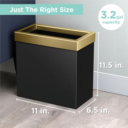 Gatco Small Bathroom Trash Can With Lid, Rectangle 3 Gallon Stainless Steel Wastebasket, Under Sink, Matte Black And Brushed Brass, For Bathroom, Bedroom, Office (1938) - color: Matte Black/Brushed Brass