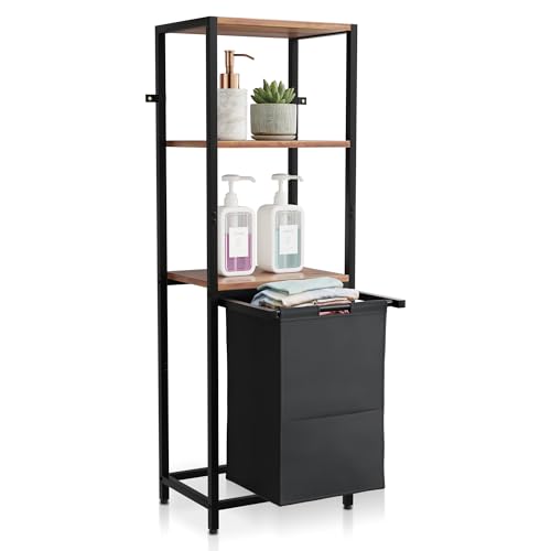 Tilt-Out Laundry Hamper with Shelf – 3 Tier Laundry Organizer with Waterproof Fabric Bin | Freestanding Storage Cabinet with Hooks for Bathroom & Bedroom