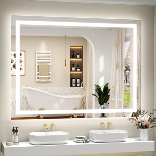 48x36 LED Lighted Bathroom Mirror for Vanity Wall | Front Light and Backlit, Anti-Fog, Memory, 3 Color, Tempered Glass, Dimmable, Rectangular, UL, Horizontal/ Vertical Mounted - color: Rectangular Led Bathroom Mirror, size: 48"L x 36"W