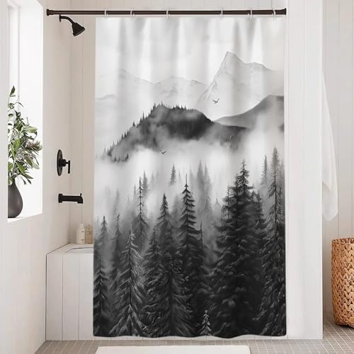 Black Forest Shower Curtain with Hooks for Bathroom 54x72 Inch | Waterproof Nature Foggy Mountain Shower Curtain Set, Soft and Lightweight Bathroom Decor, Machine Washable - color: Black, size: 54"W x 72"L (Pack of 1)