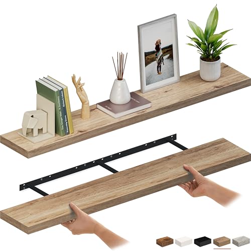 Ballucci Floating Shelves for Wall, 60" Wood Wall Shelf Set of 2, with Invisible Brackets for Bathroom, Living Room, Bedroom, Kitchen, Nursery, 8" Deep, Oak Finish - color: Natural Oak, size: 60 inches
