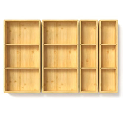 DUJEN 4 Packs Bamboo Drawer Organizer 2 pieces 12.6 * 6inches and 2 pieces 12.6 * 3.2inches, Adjustable 3 Individual Junk Drawer organizer for Bathroom and Kitchen - size: 4 pieces 12.5X3.1