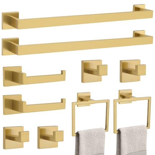 10-Piece Bathroom Hardware Accessories Set-Brushed Gold Towel Bar, Holder & Racks-SUS304 Stainless Steel-Wall Mounted,23.6-Inch - color: Brushed Gold, size: 10 Pcs