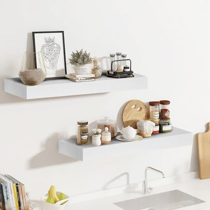 Solid Wood Floating Shelves, 17 Inch Wall Shelves, Set of 2, White | 8 Inch Deep, 1.6 Inch Thick, Extra-Wide Display Space, Mounting Hardware Included, For Kitchen, Bathroom and Living Room - color: White, size: 17x8x1.6