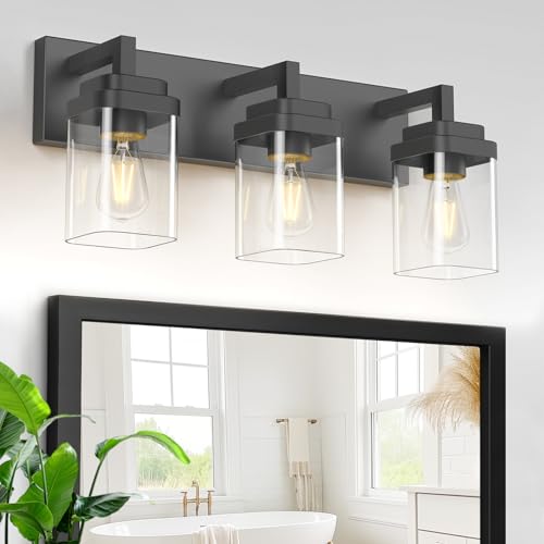 Matte Black Bathroom Light Fixtures, Modern Vanity Lights with Clear Glass Lamp Shade, Bathroom Lighting Fixtures Over Mirror, Restroom Vanity Lighting Fixture, 3-Light 22 Inch - color: Blakc, size: 3-Light
