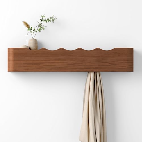 Coat Rack Wall Mount with Hidden Hooks, Wall Hooks with Shelf, Wall Key Holder Mount Wooden Shelf Entryway Hooks for Bedroom Bathroom for Hanging Coats Hats Bags Towels (Walnut Wave-Shape, 5 Hooks) - color: Walnut Wave-Shape, size: 5 Hooks