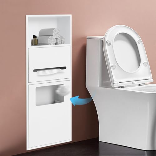 in-Wall Trash Bin Cabinet, Stainless Steel Recessed Toilet Paper Holder, 27.5in Tall Built-in Hidden Trash Can for Kitchen Bathroom Living Room Bedroom Hotel - color: White