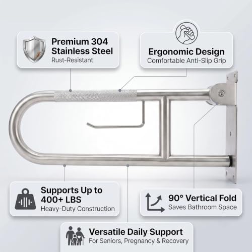 Flip Up Grab Bar, Fold Down Stainless Steel Handicap Grab Bars for Toilet with Knurled Surface, Swing Up Toilet Rails, 90 Degree Bathroom Safety Frame for Seniors, Shower & Tile Wall