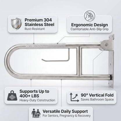 Flip Up Grab Bar, Fold Down Stainless Steel Handicap Grab Bars for Toilet with Knurled Surface, Swing Up Toilet Rails, 90 Degree Bathroom Safety Frame for Seniors, Shower & Tile Wall