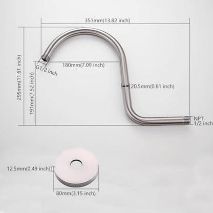 RANDOM S Shaped Shower Head Riser Pipe,Goose Neck Shower Arm 13 Inch Shower Head Extension Arm with Flange,Standard 1/2" Connection,Brushed Nickel.RD-91098-13BN - color: Brushed Nickel