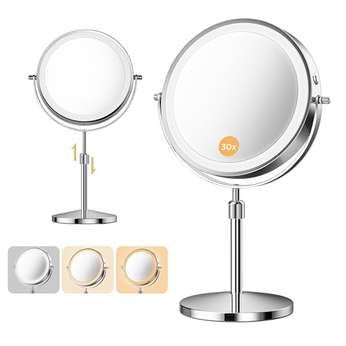 Double-Sided Makeup Mirror with Light, 1X/30X, 3 Colors, 3200mAh | 360° Rotating Mirror with Adjustable Brightness for Makeup, Skincare, and Vanity Use