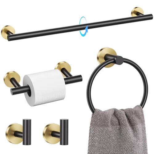 TQKAG 5 Piece Matte Black Bathroom Accessories, Towel Racks for Bathroom | 23.6" Bathroom Hardware Set, SUS304 Stainless Steel, Double Post Pivoting, Towel Hooks, Toilet Paper Holder Set Wall Mounted - color: Black+gold, size: 5-Pieces Set-B
