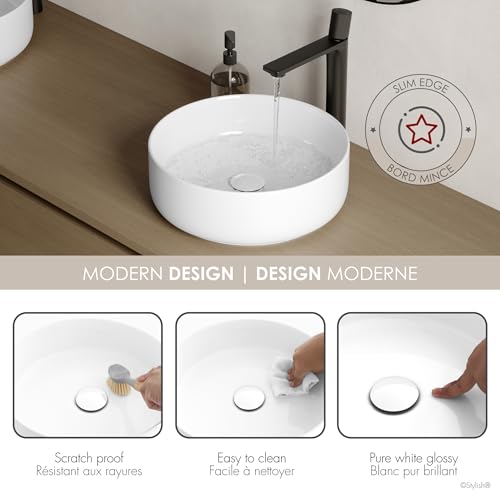 Stylish 14-1/8" White Round Vessel Bathroom Sink, Glossy Porcelain Bowl with Slim Edge, Above-Counter Installation, High-Gloss Finish Set of 2, P-229H-2 - style: 14-1/8" White Round Vessel set 2