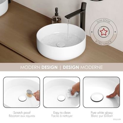 Stylish 14-1/8" White Round Vessel Bathroom Sink, Glossy Porcelain Bowl with Slim Edge, Above-Counter Installation, High-Gloss Finish Set of 2, P-229H-2 - style: 14-1/8" White Round Vessel set 2