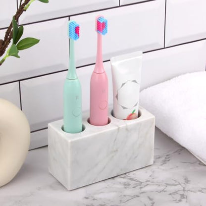 Natural Marble Toothbrush Holder, Carrara White, 3 Slots | Large Bathroom Organizer Countertop, Ventilation Design, Stone Toothbrush and Toothpaste Stand, Non-Slip Silicone Pads - color: Carrara White, size: 3 Slots