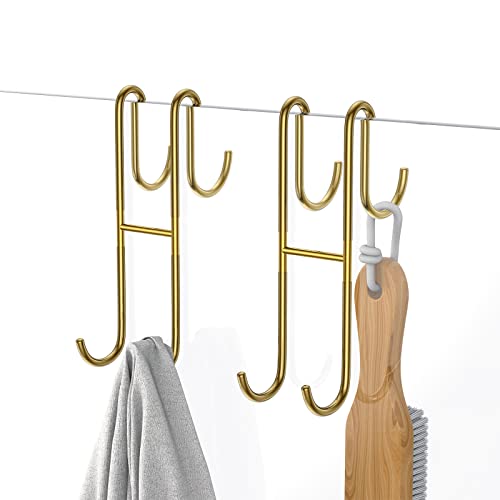 Over Shower Glass Door Hook, 2 Pack Gold Stainless Steel Extended Shower Door Hooks, Bathroom Frameless Drilling-Free Hanger, Double Side Towel Hooks - color: Gold