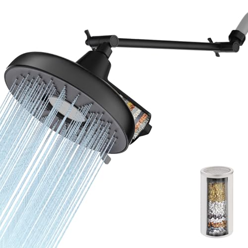 Rain Shower Head with Extension Arm, 8 Inch High Pressure Rainfall Showerhead with 3 Spray Modes, Extended Shower Head with Filters for Hard Water, Height and Angle Adjustable (Black)