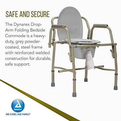 Dynarex Drop-Arm Folding Commode is a 3 in 1 Portable Toilet with Drop Arms for Increased User Safety, Use Free Standing, Grey, 1 Drop-Arm Folding Commode - size: Drop-Arm