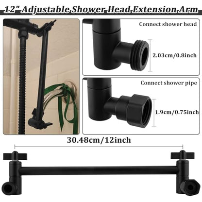 Rain Shower Head Extension 12 Inch Adjustable Rain Shower Head Extension Arm Stainless Steel Shower Head Holder G1/2 Universal Connector Compatible(Matte Black) - color: Matte Black