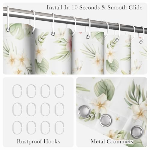 Tropical Floral Shower Curtain 71x74 Inch, Watercolor Botanical Leaf and Hibiscus Flower Pattern Bathroom Curtain and Hooks Set, Boho Farmhouse Style Waterproof Fabric Bath Curtain - color: Floral-m
