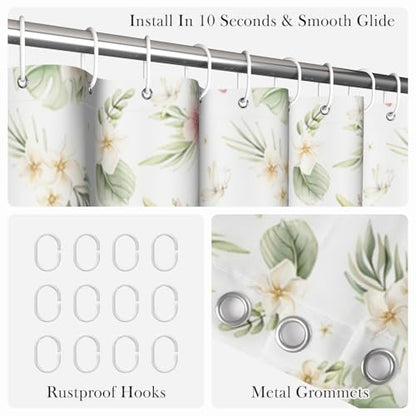 Tropical Floral Shower Curtain 71x74 Inch, Watercolor Botanical Leaf and Hibiscus Flower Pattern Bathroom Curtain and Hooks Set, Boho Farmhouse Style Waterproof Fabric Bath Curtain - color: Floral-m