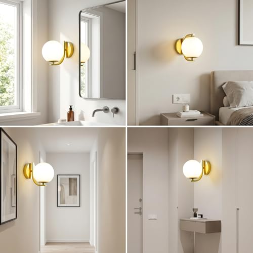 Gold Wall Sconces, Mid Century Modern with Milky Glass Globe Shade | Art Deco Wall Mounted Light Fixture, Vanity Wall Light, For Bedroom, Living Room, Hallway, Stairway - color: Gold, size: 1 Pes