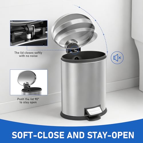 SIMPLYKLEEN Bathroom Trash Can with Lid - 2PC 1.3 Gallon/5L Oval Small Trash Can with Soft-Close Lid, Foot Pedal, Brushed Stainless Steel, Removable Liner, Garbage can for Kitchen, Office, Home Silver - color: Silver, size: 5L Oval 2PC