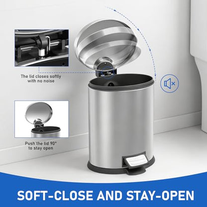SIMPLYKLEEN Bathroom Trash Can with Lid - 2PC 1.3 Gallon/5L Oval Small Trash Can with Soft-Close Lid, Foot Pedal, Brushed Stainless Steel, Removable Liner, Garbage can for Kitchen, Office, Home Silver - color: Silver, size: 5L Oval 2PC