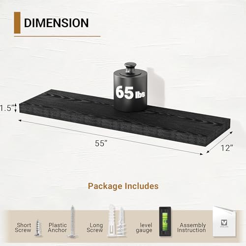 Vivelove Black Floating Shelves, 55 X 12 Inches, Set of 2 | Invisible Brackets, Easy Mount Shelf with Hardware Kit, for Bathroom Bedroom Living Room Kitchen, Engineered Wood - color: Black, size: 55”wx12”dx1.5”h