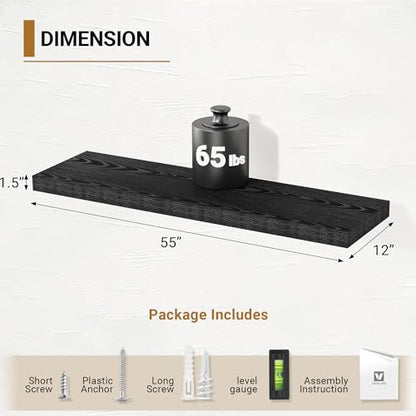 Vivelove Black Floating Shelves, 55 X 12 Inches, Set of 2 | Invisible Brackets, Easy Mount Shelf with Hardware Kit, for Bathroom Bedroom Living Room Kitchen, Engineered Wood - color: Black, size: 55”wx12”dx1.5”h