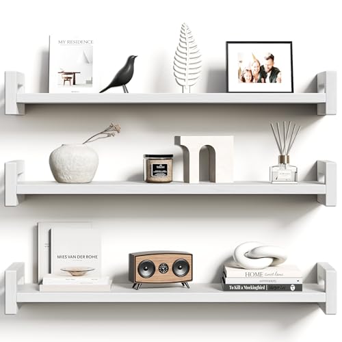 Vailando Floating Shelves for Wall, Set of 3 Solid Wood Wall Mounted Shelves, 23.6" White Display Shelf for Bedroom, Living Room, Bathroom, and Kitchen Decor - Heavy-Duty & Natural Pine - color: White, size: 23.6 inch
